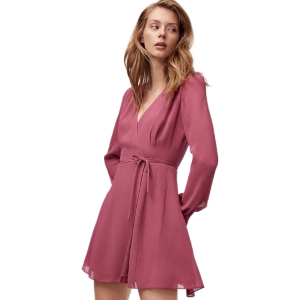 Sunday Best Alexis Mini Wrap Dress Long Sleeve Pleated Low Vneck Aritzia